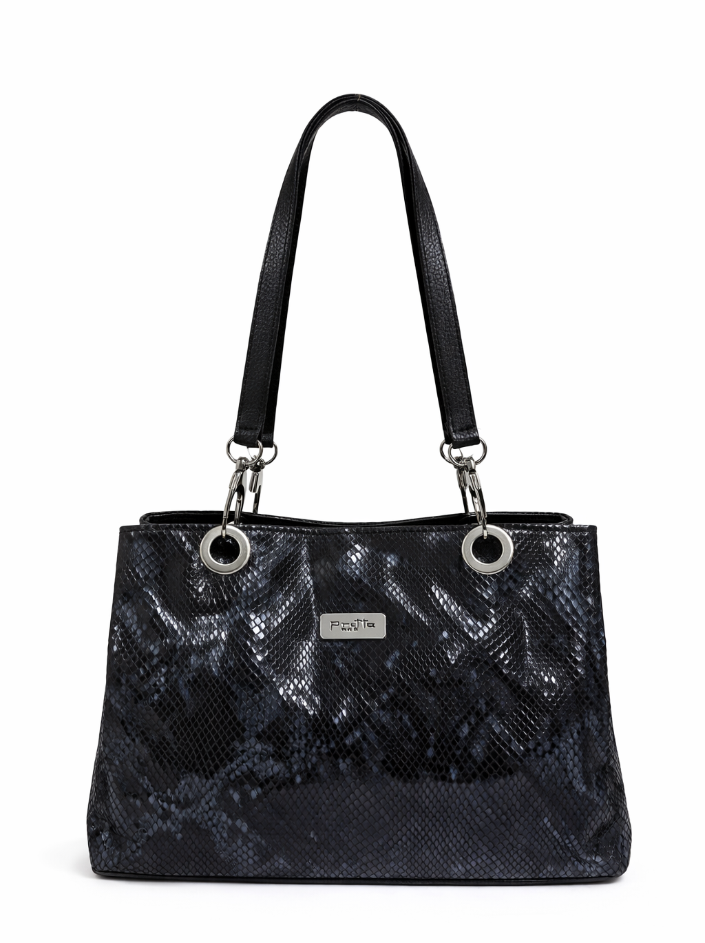 Pretta geanta din piele intoarsa, format compact, ton negru, print discret