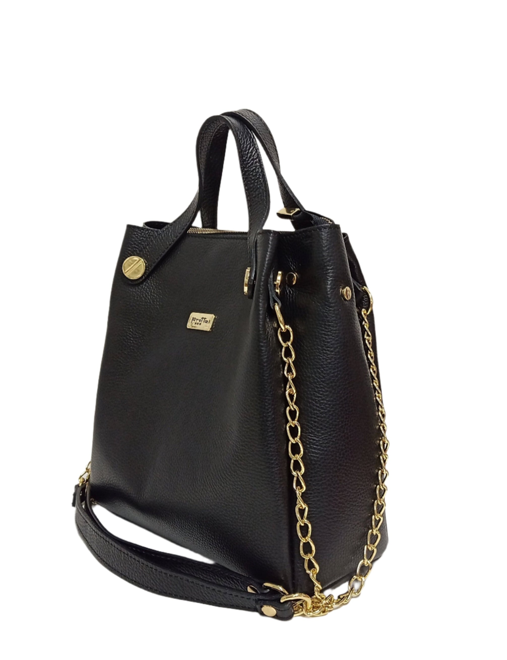 Pretta geanta din piele naturala, format incapator, ton negru, 2 compartimente