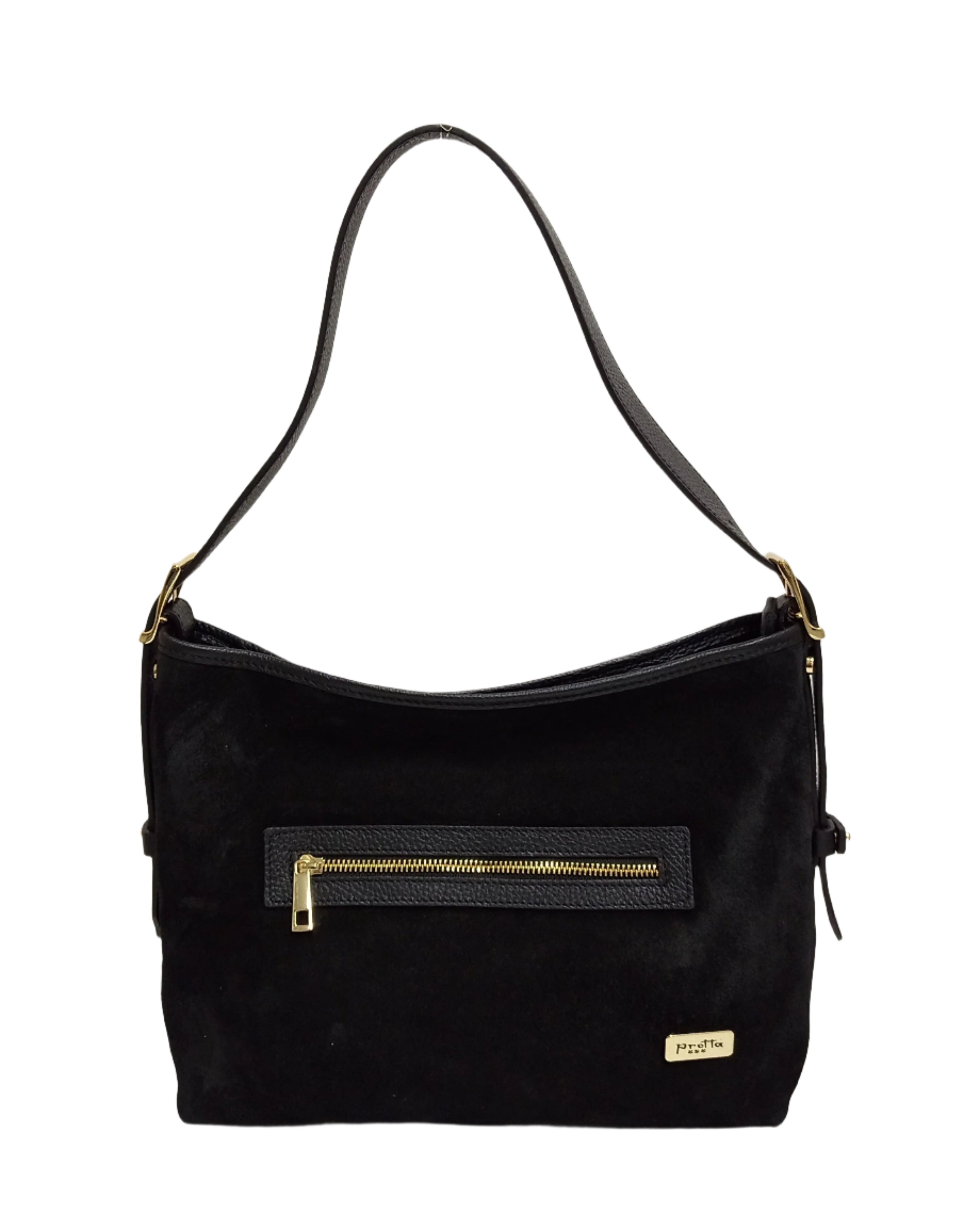 Pretta geanta din piele naturala, format incapator, ton negru, bareta reglabila