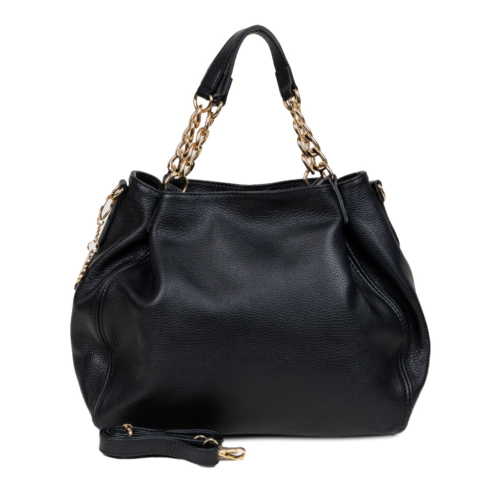 Pretta geanta din piele naturala, format incapator, ton negru, buzunare utile