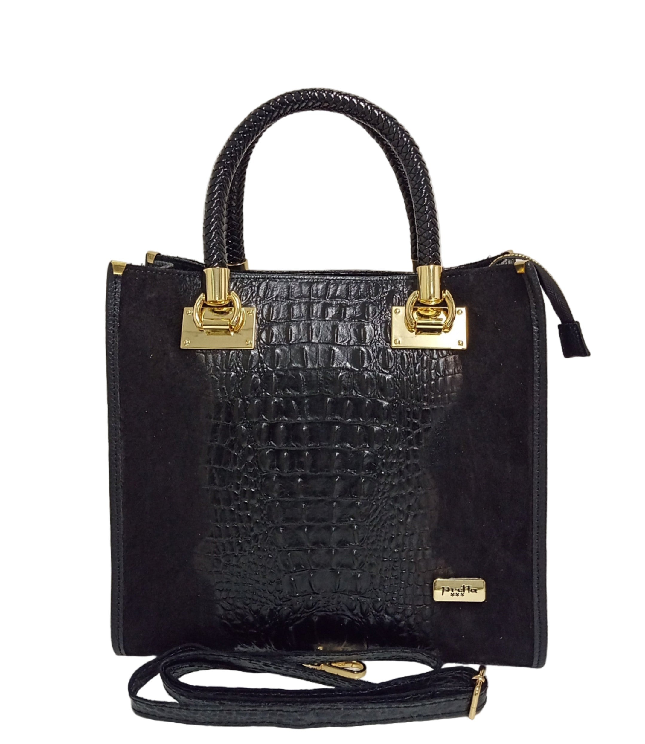 Pretta geanta din piele naturala, format incapator, ton negru, print discret