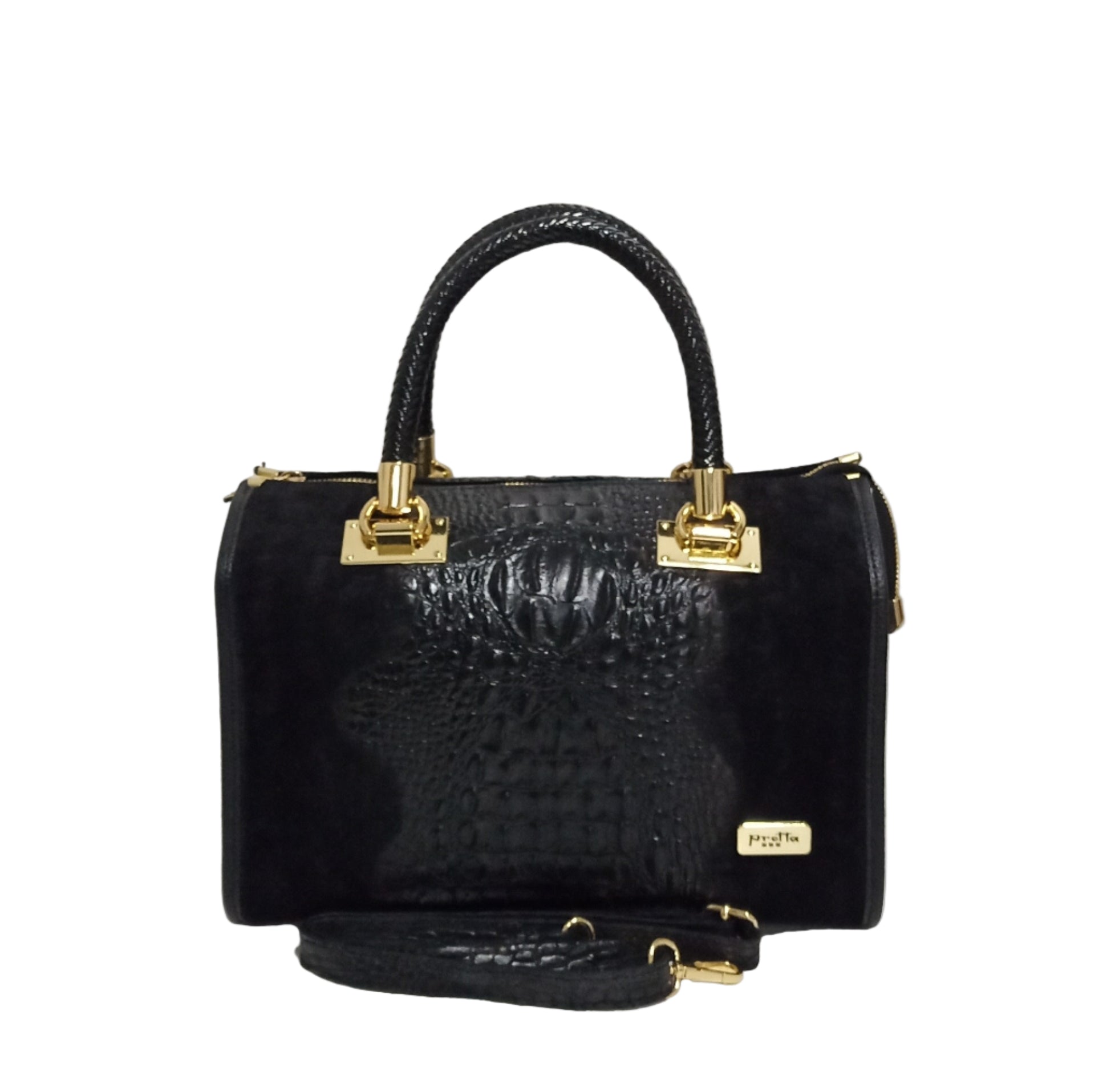 Pretta geanta din piele naturala, format incapator, ton negru, print discret