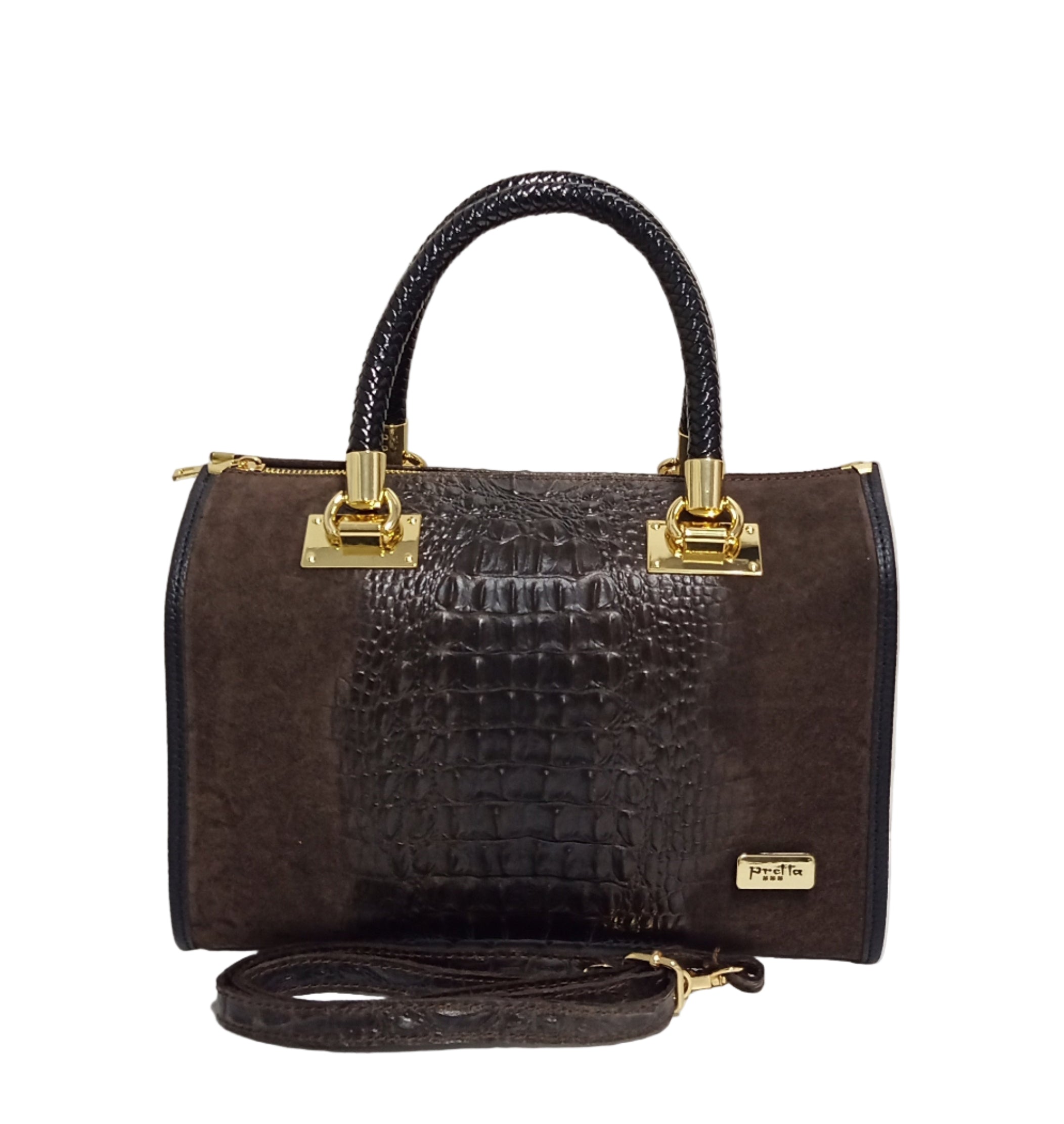 Pretta geanta din piele naturala, format incapator, ton negru, print discret