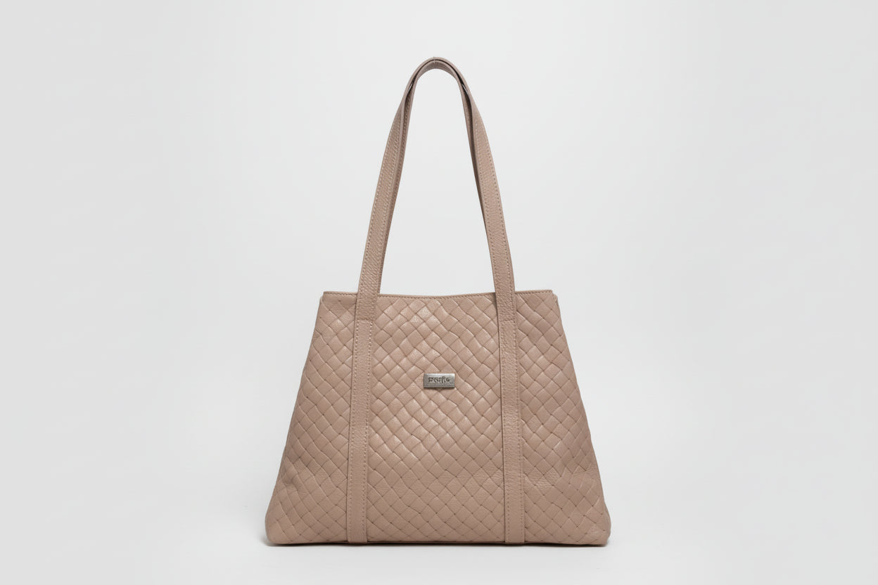 Pretta geanta din piele naturala, format incapator, ton roz pudra, print discret