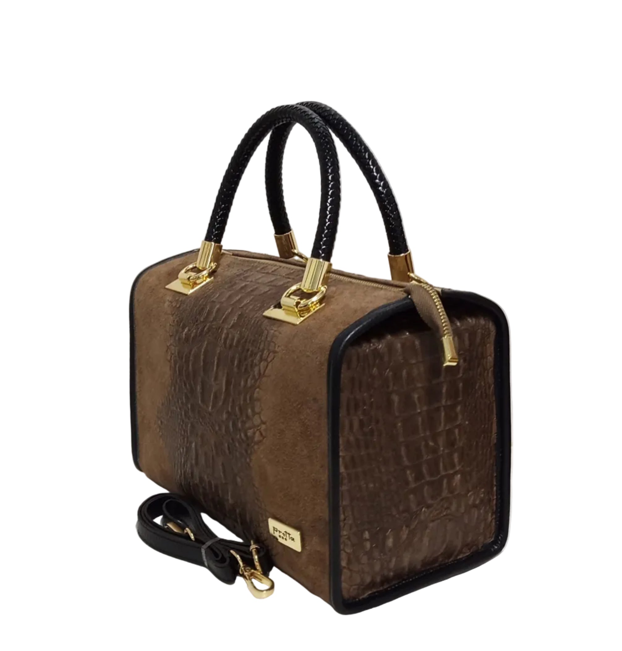 Pretta geanta din piele naturala, format incapator, ton taupe, print discret