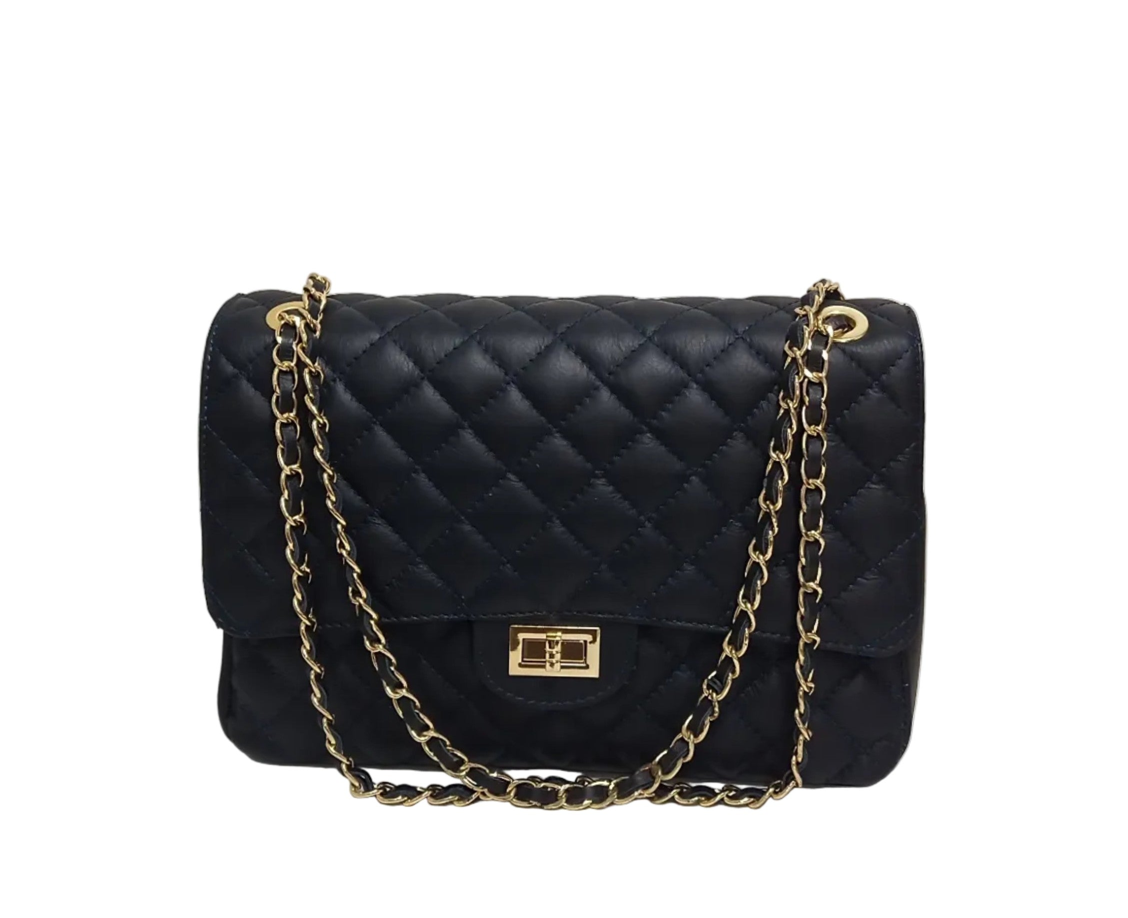 Pretta geanta din piele naturala, format mediu, ton bleumarin, 2 compartimente