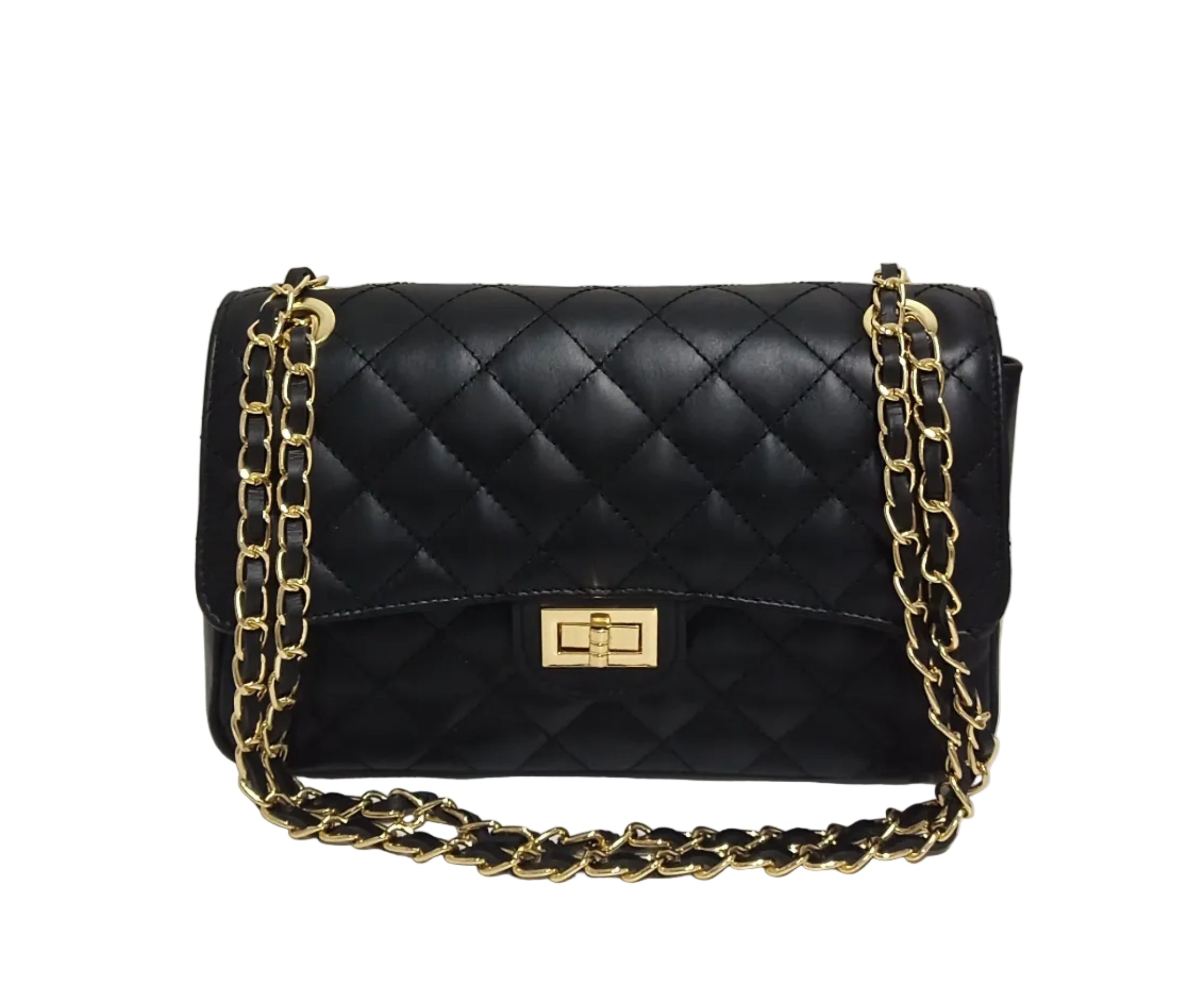 Pretta geanta din piele naturala, format mediu, ton negru, 2 compartimente