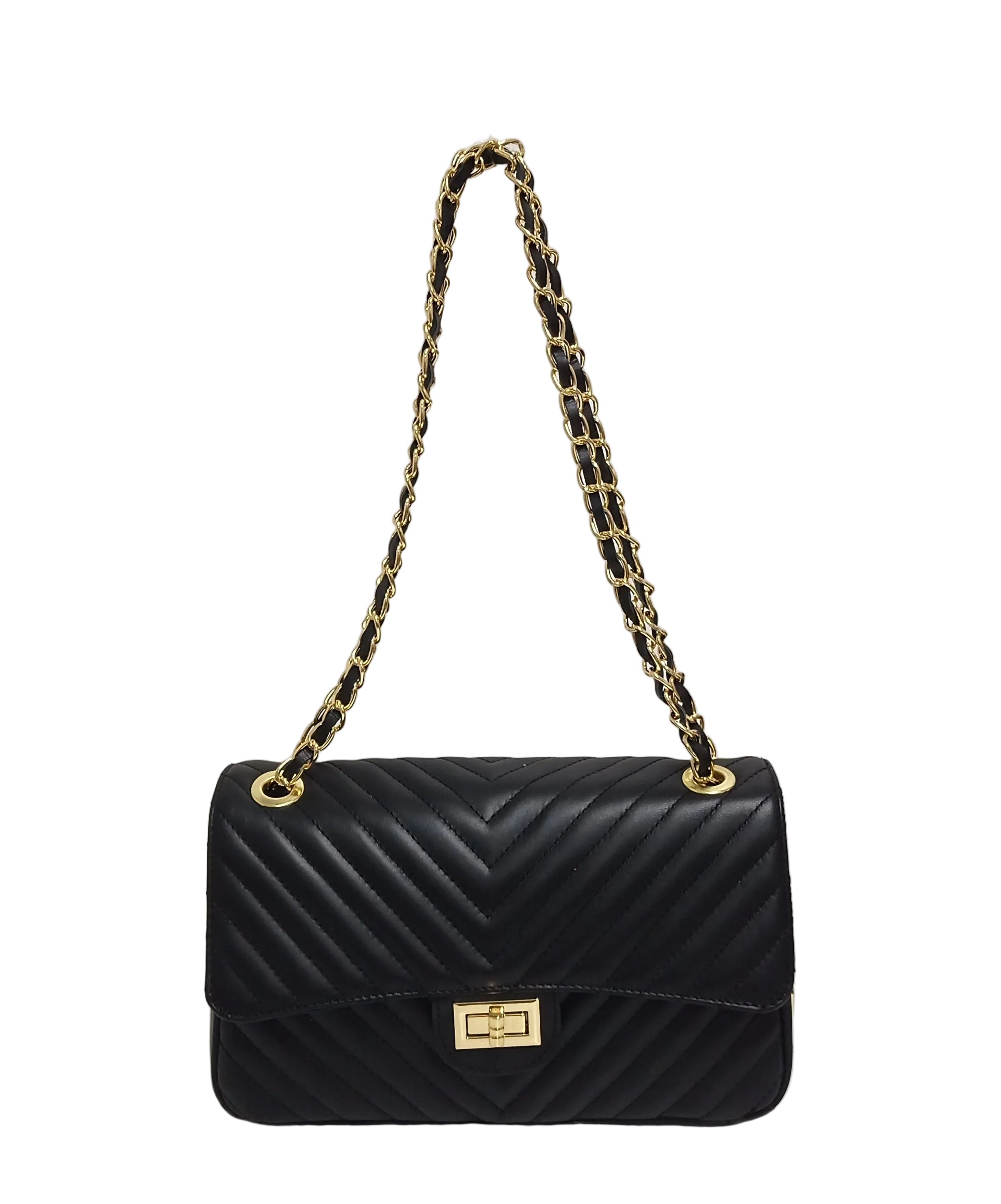 Pretta geanta din piele naturala, format mediu, ton negru, 2 compartimente