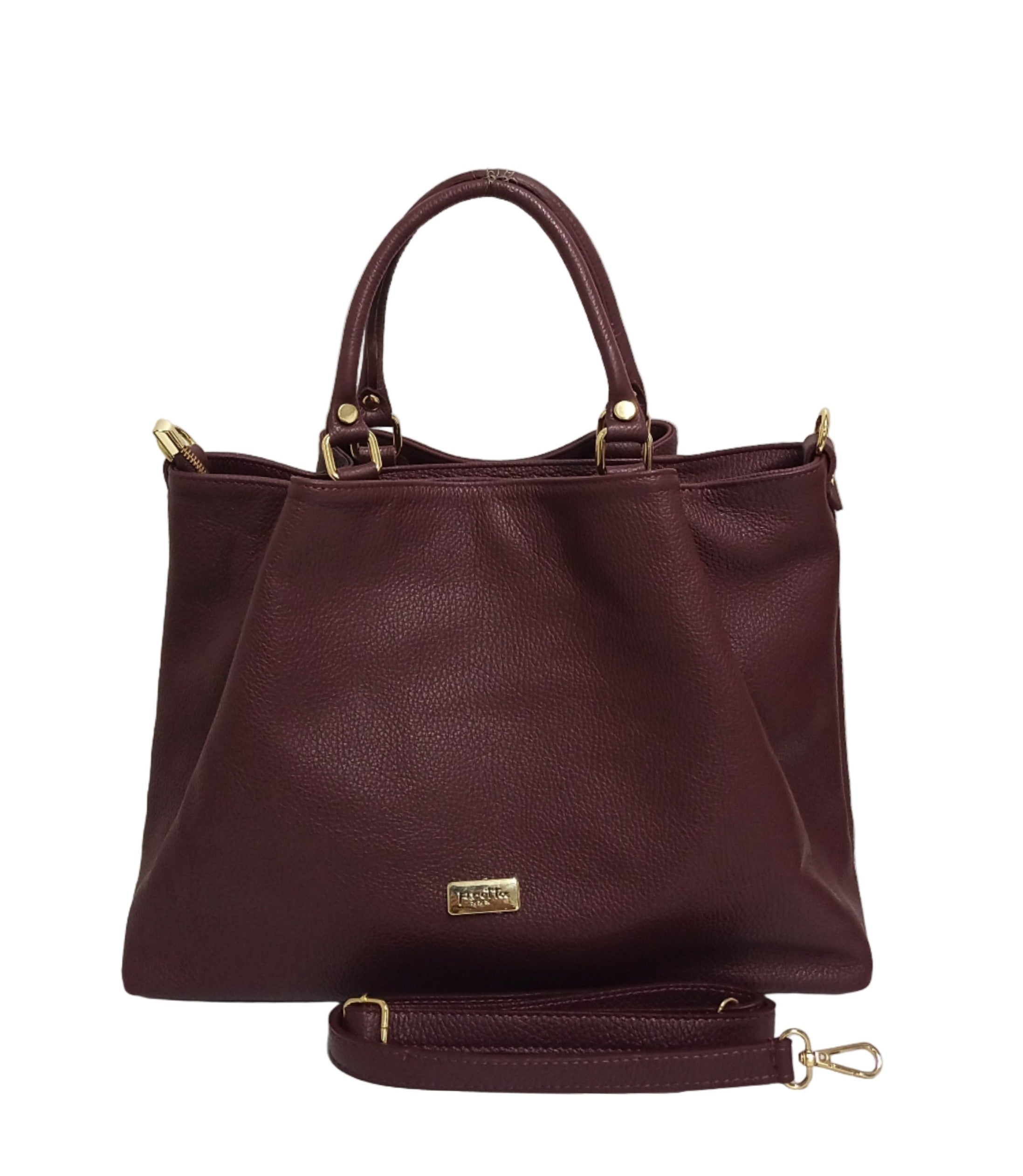 Pretta geanta shopper din piele naturala, format incapator, ton bordo, buzunare utile