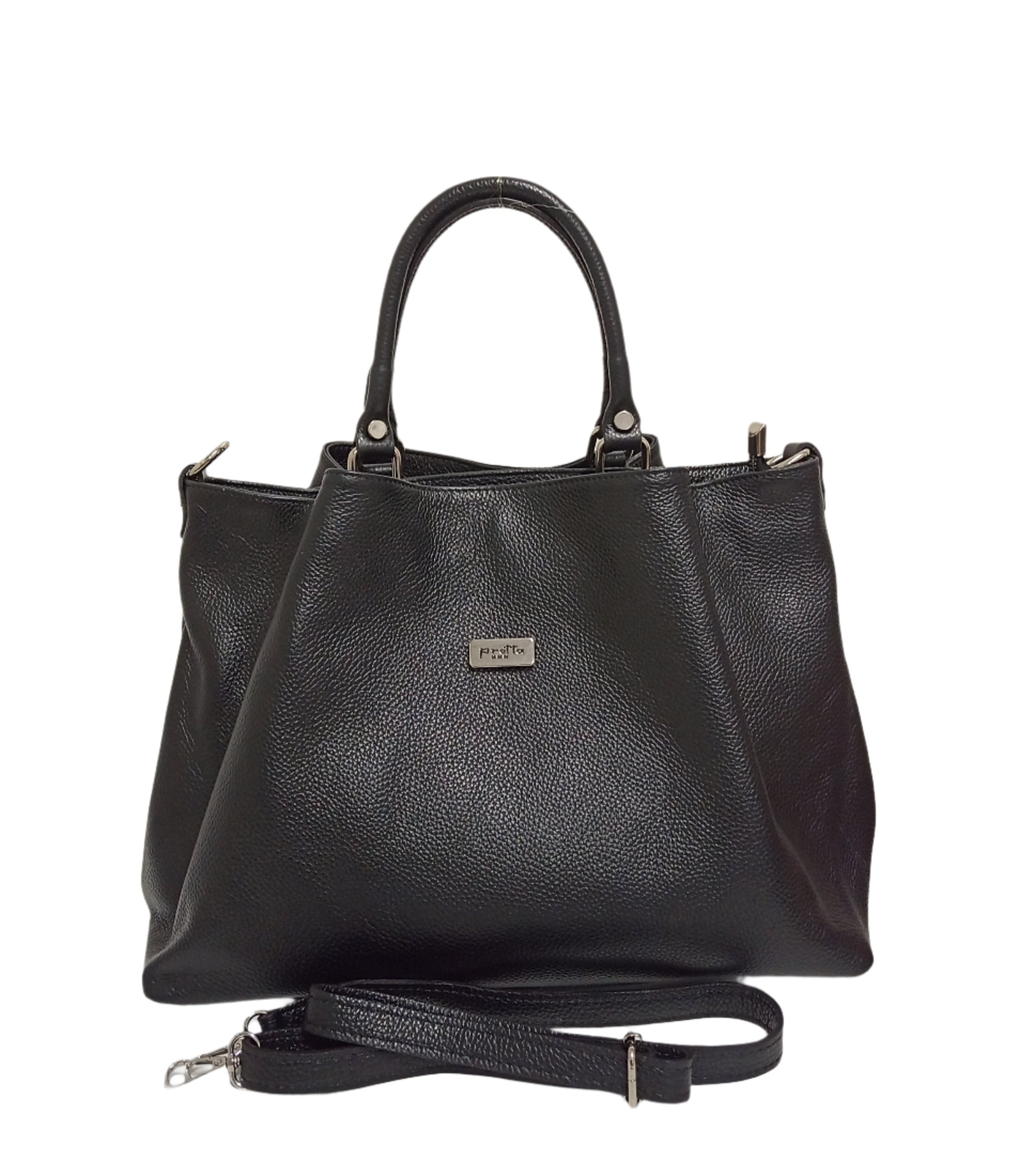 Pretta geanta shopper din piele naturala, format incapator, ton negru, buzunare utile