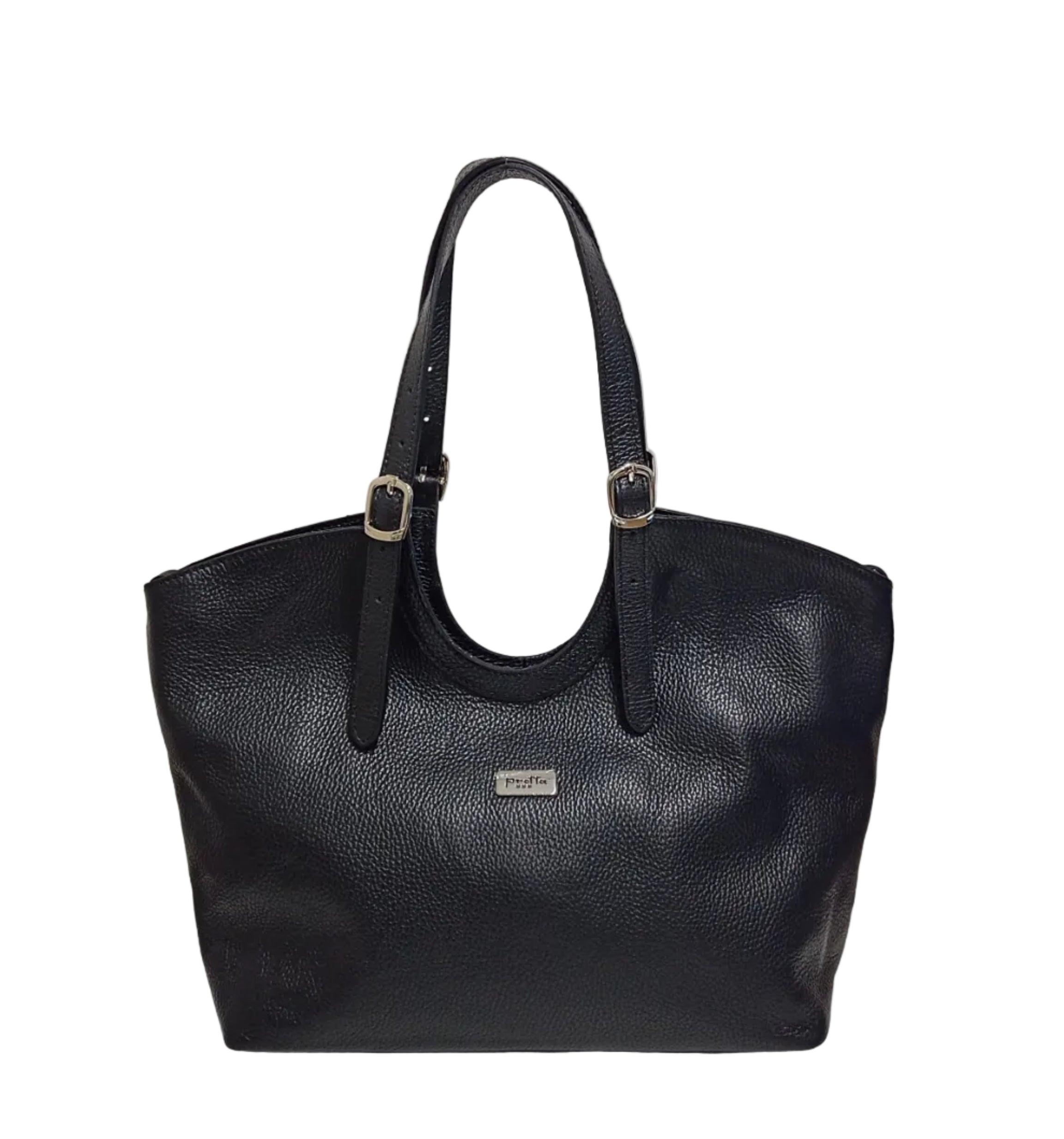 Pretta geanta shopper din piele naturala, format incapator, ton negru, print discret