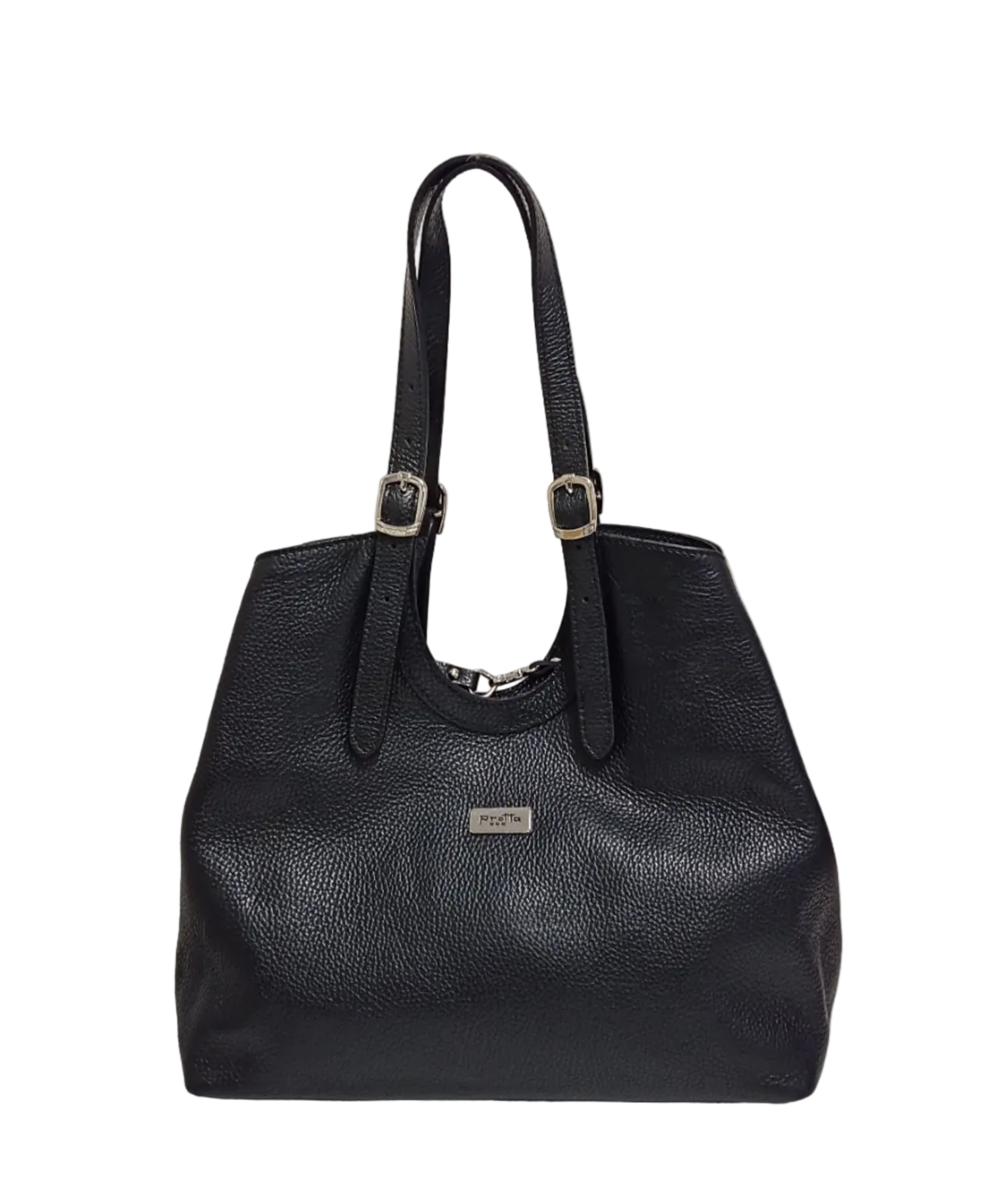Pretta geanta shopper din piele naturala, format incapator, ton negru, print discret