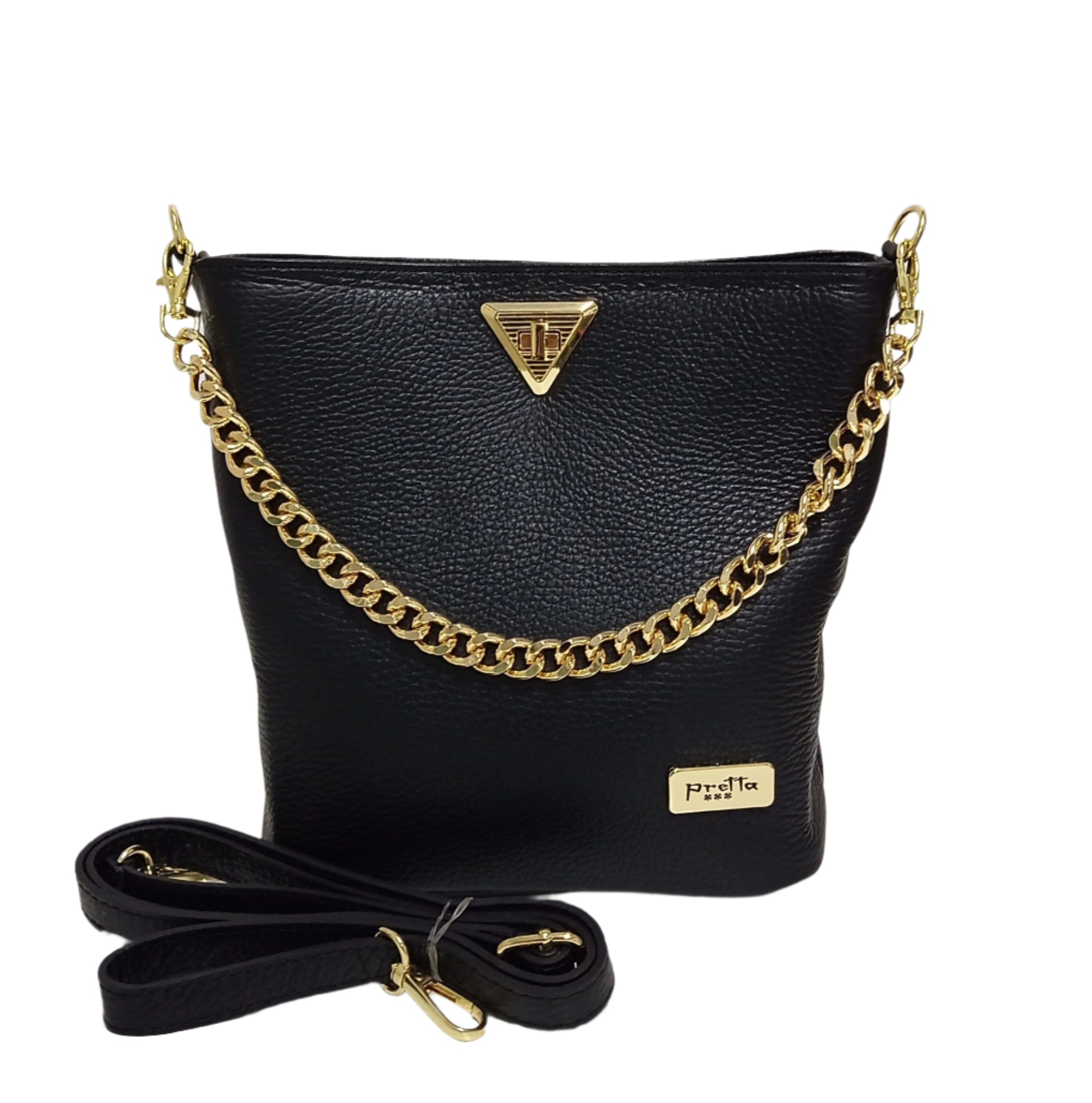 Pretta geanta tip postas din piele naturala, format compact, ton negru, 2 compartimente