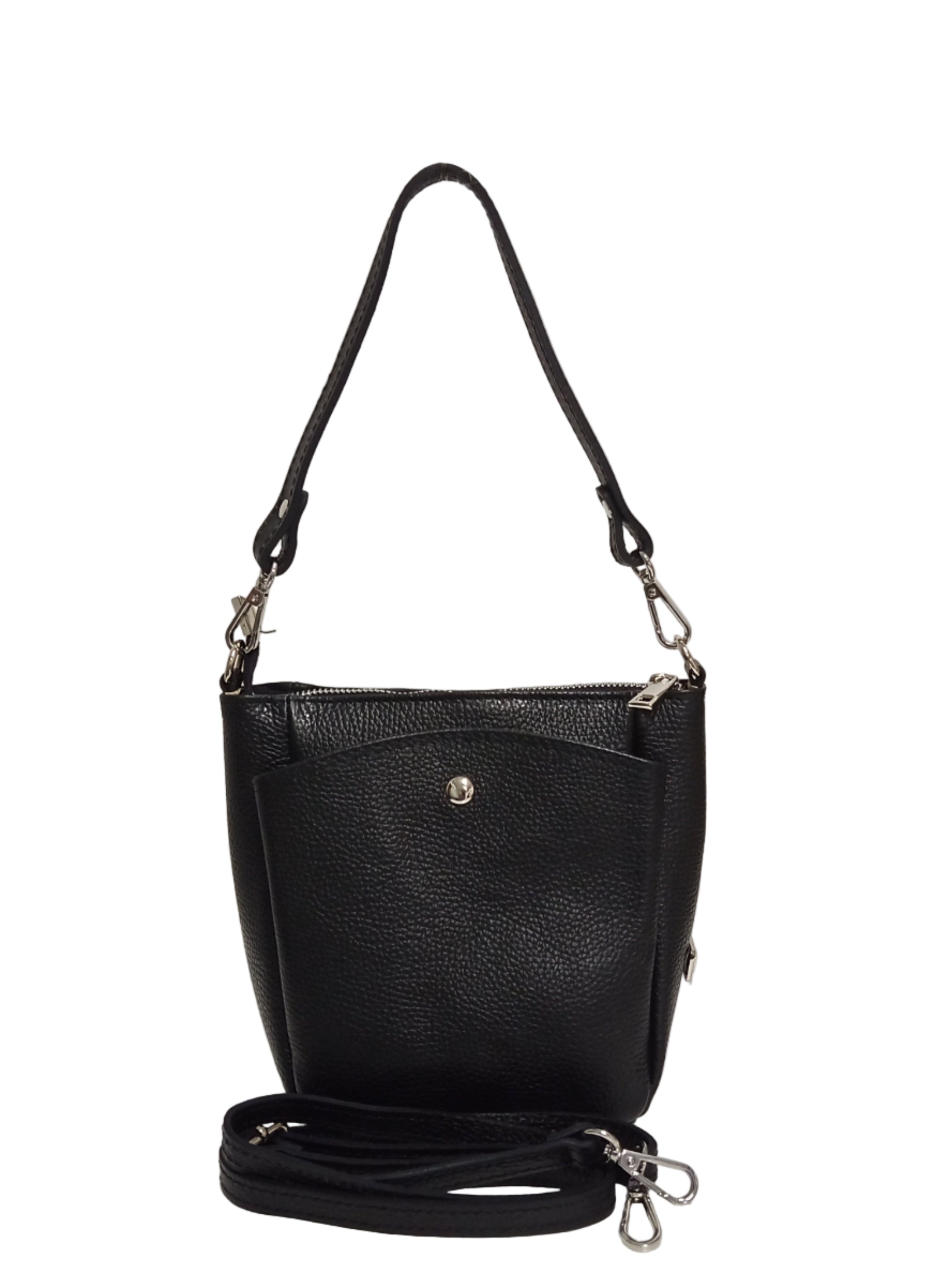 Pretta geanta tip postas din piele naturala, format compact, ton negru, buzunare utile