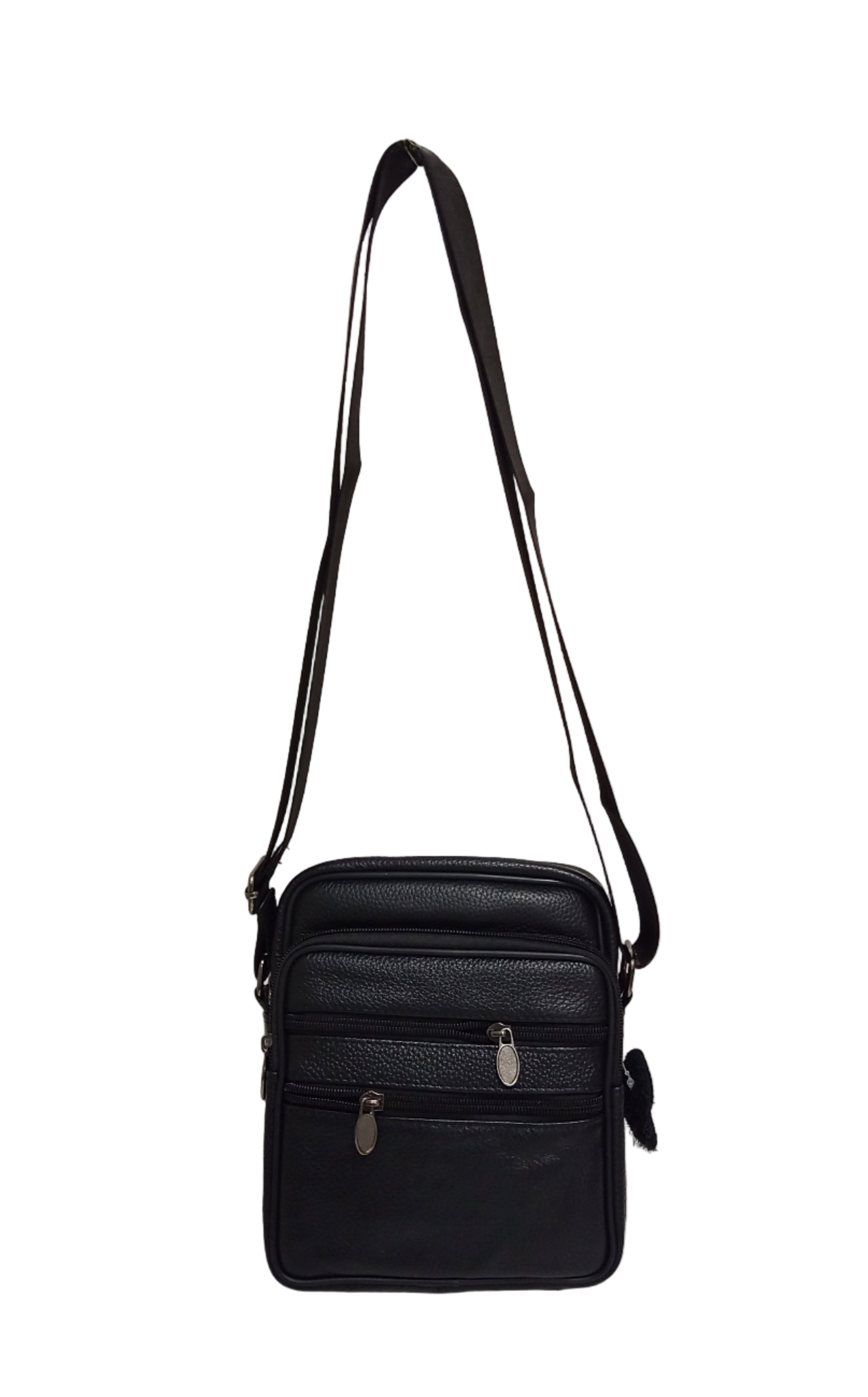 Pretta geanta tip postas din piele naturala, format compact, ton negru, buzunare utile