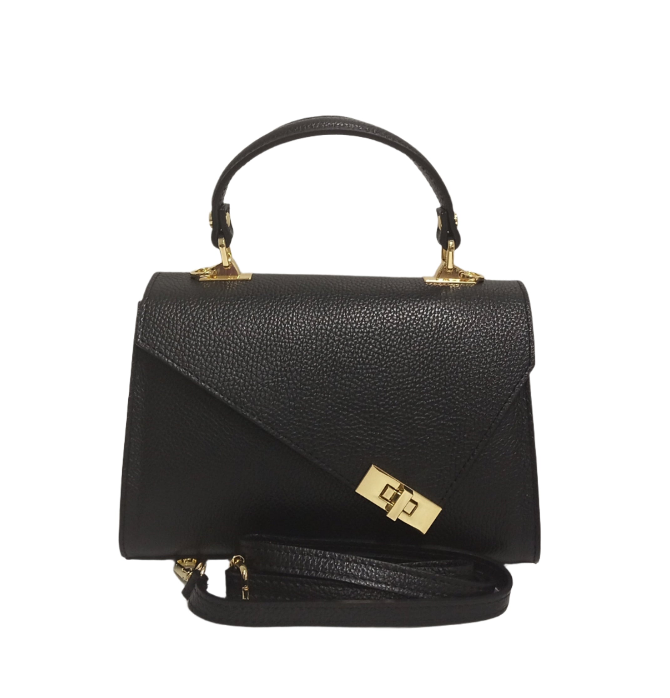 Pretta geanta tip postas din piele naturala, format mediu, ton negru, 2 compartimente