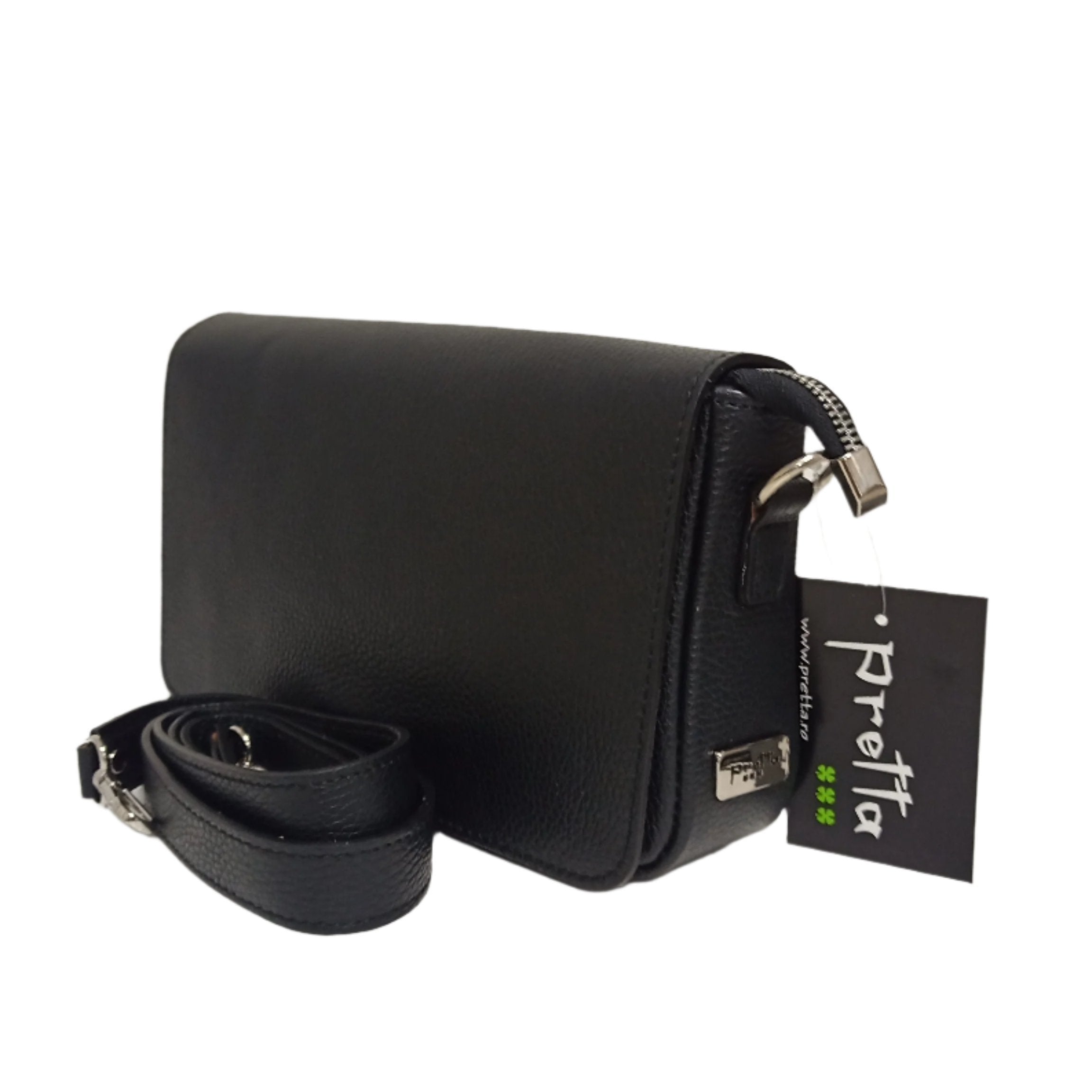 Pretta geanta tip postas din piele naturala, format mediu, ton negru, buzunare utile