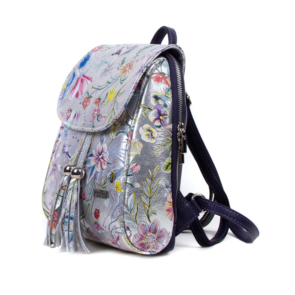 Pretta rucsac din piele naturala, format compact, ton argintiu, 2 compartimente