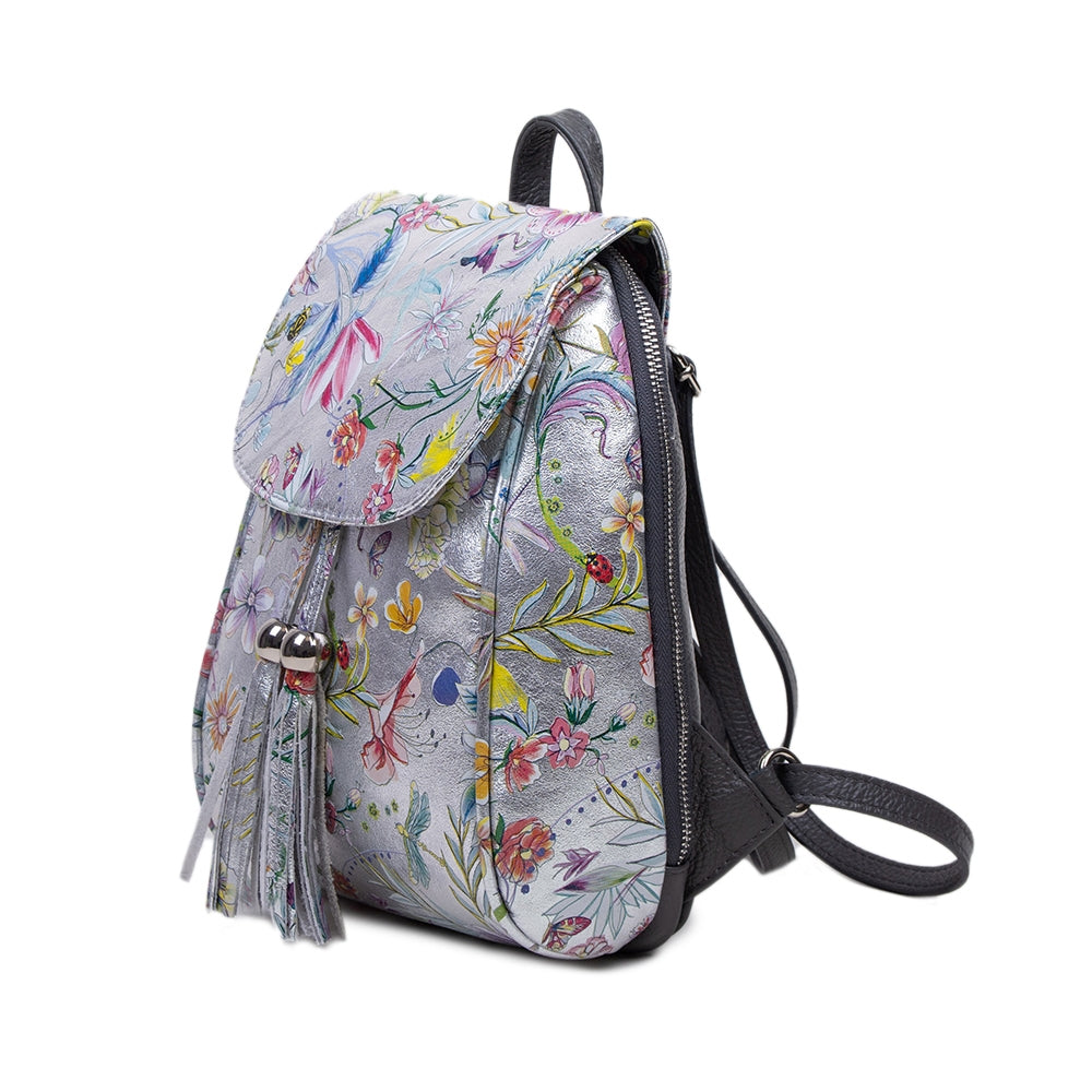 Pretta rucsac din piele naturala, format compact, ton argintiu, 2 compartimente