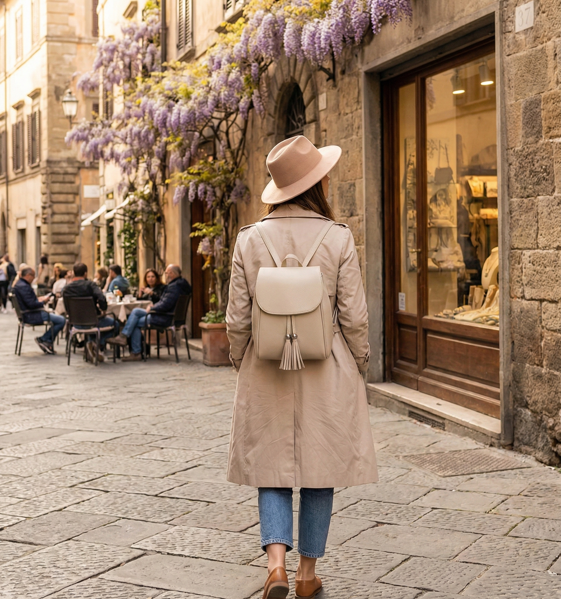 Pretta rucsac din piele naturala, format compact, ton crem, buzunare utile