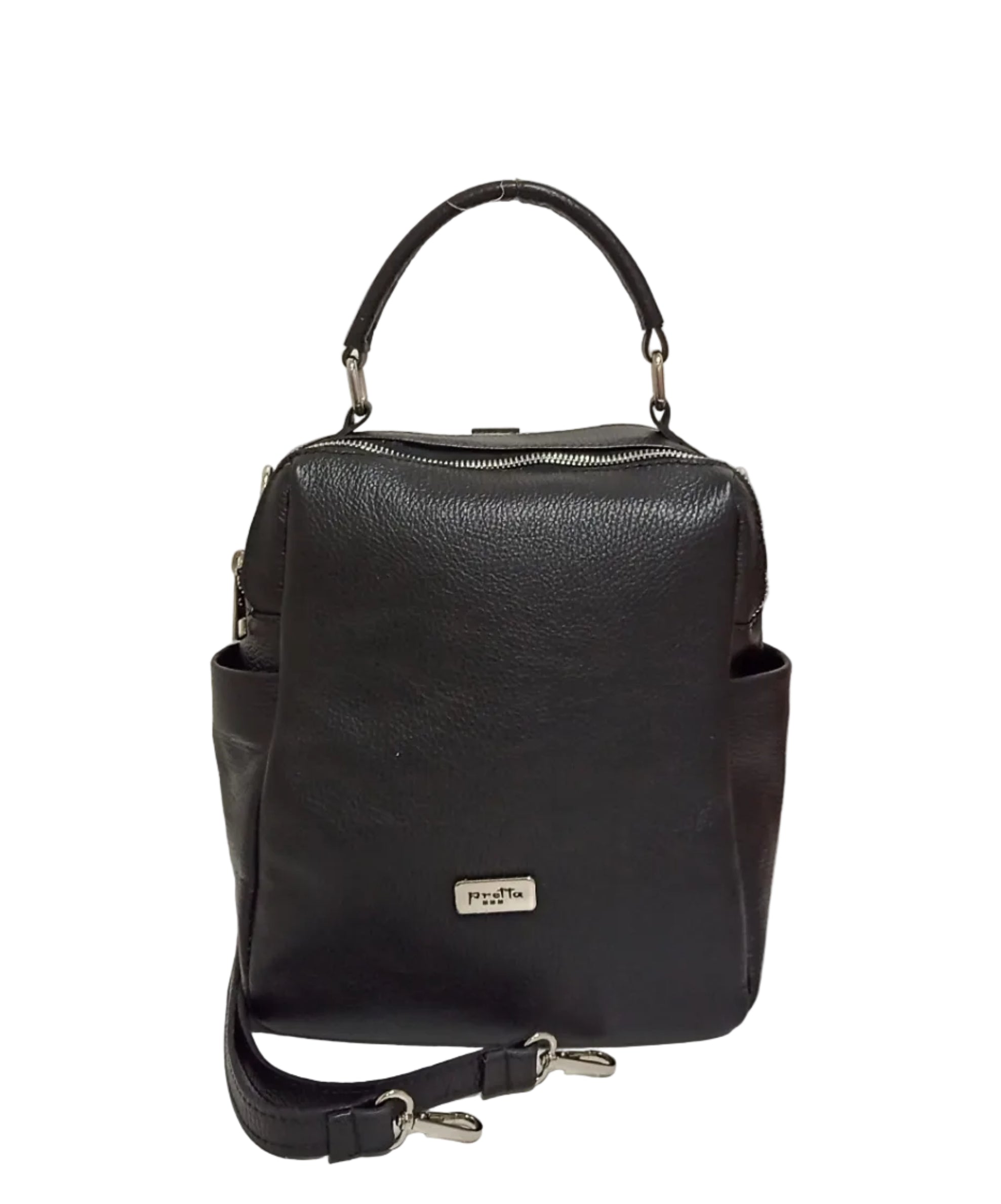 Pretta rucsac din piele naturala, format compact, ton negru, 2 compartimente