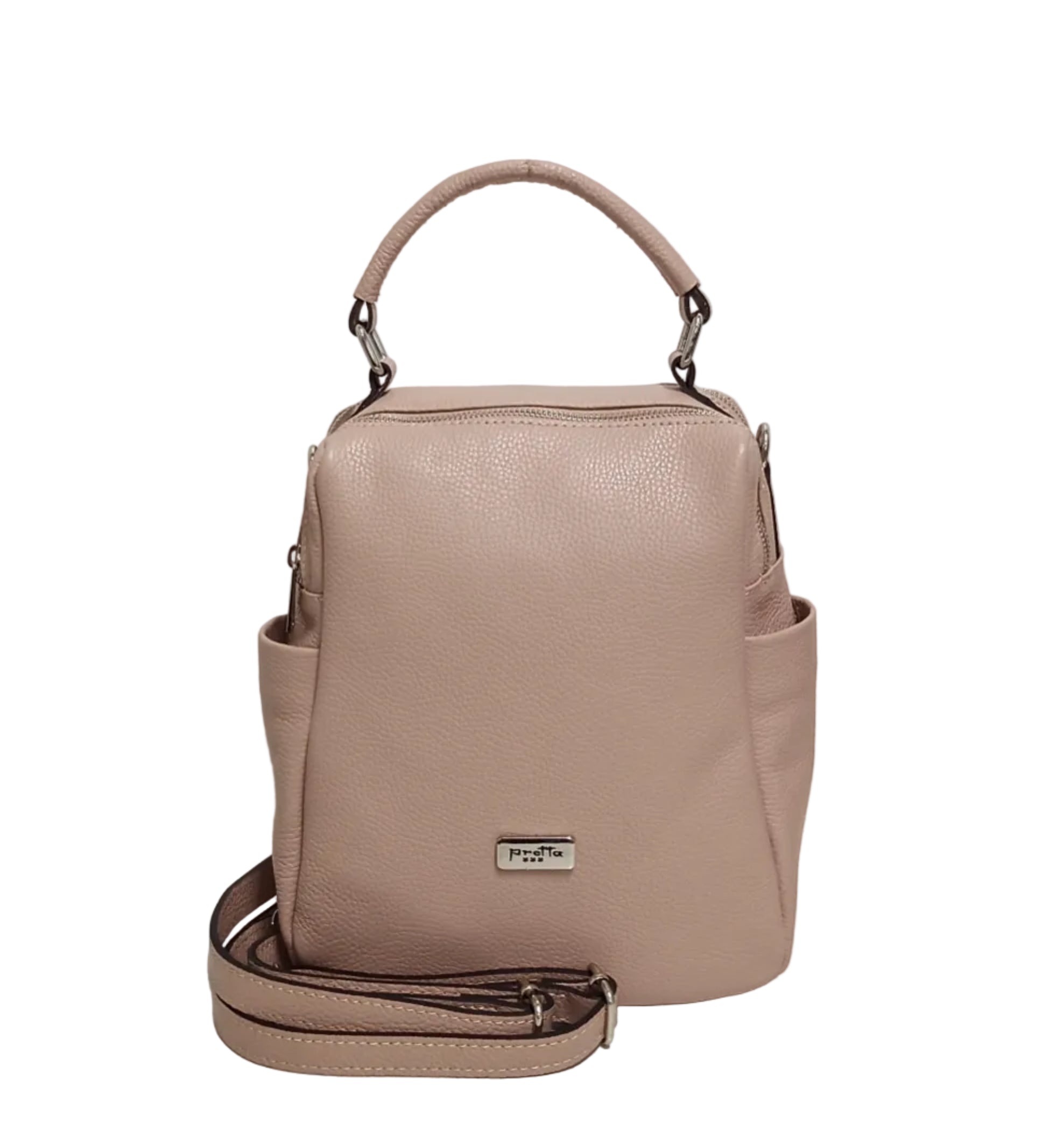 Pretta rucsac din piele naturala, format compact, ton roz pudra, 2 compartimente
