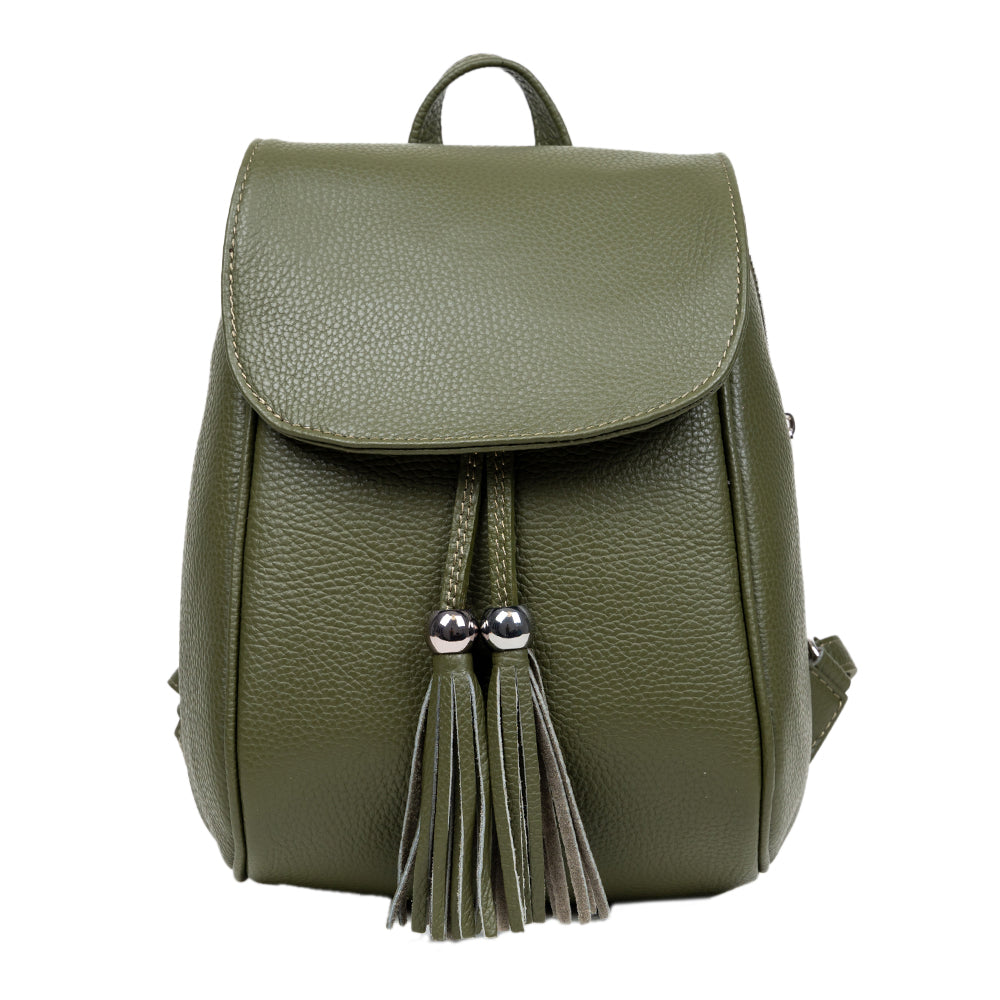 Pretta rucsac din piele naturala, format compact, ton verde, buzunare utile
