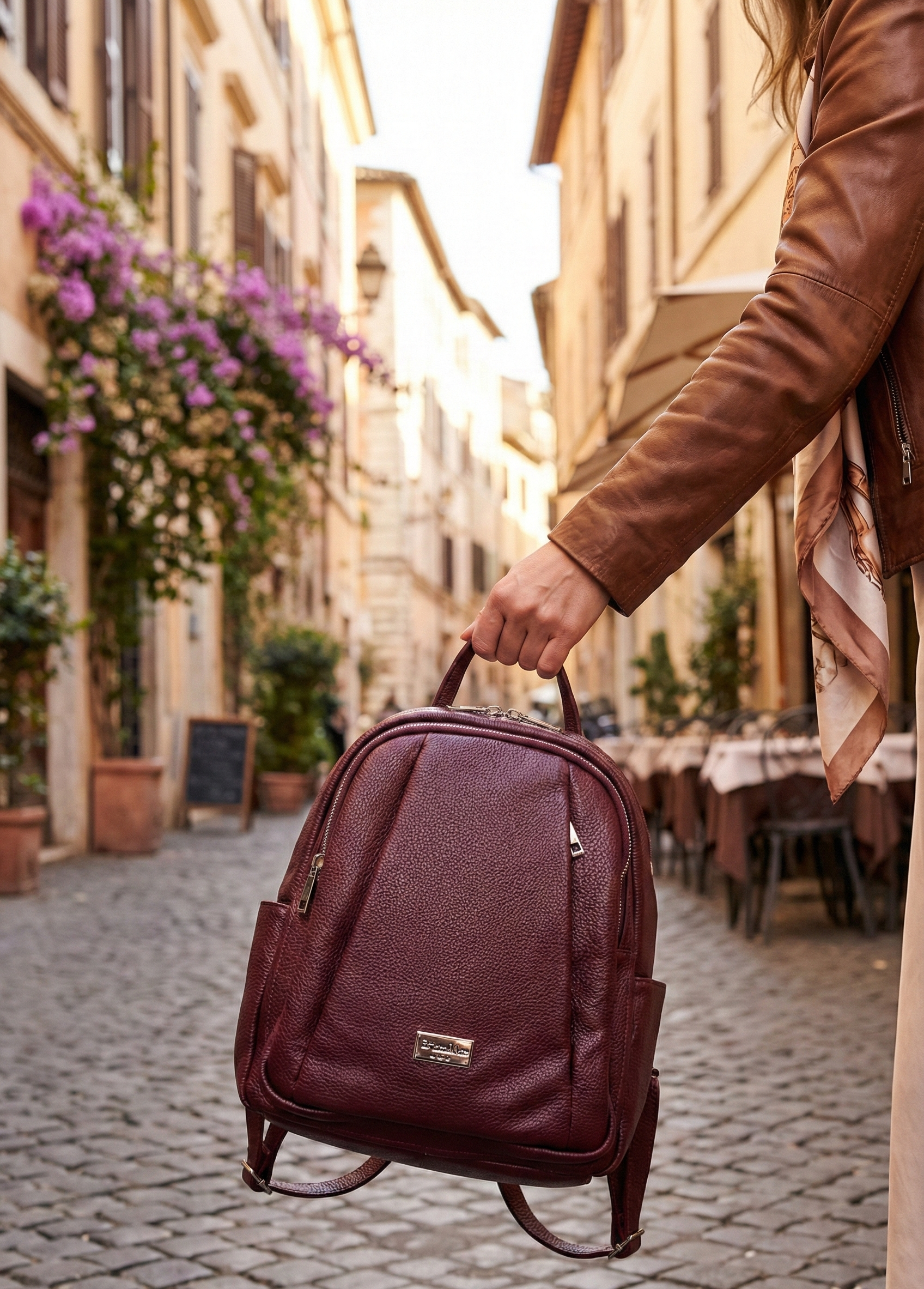 Pretta rucsac din piele naturala, format mediu, ton bordo, 2 compartimente