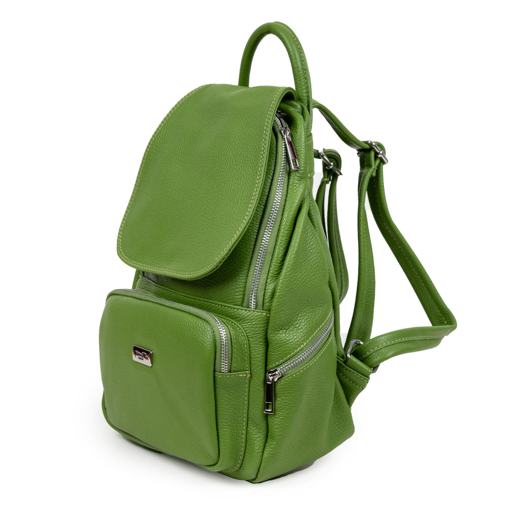 Pretta rucsac din piele naturala, format mediu, ton verde, buzunare utile